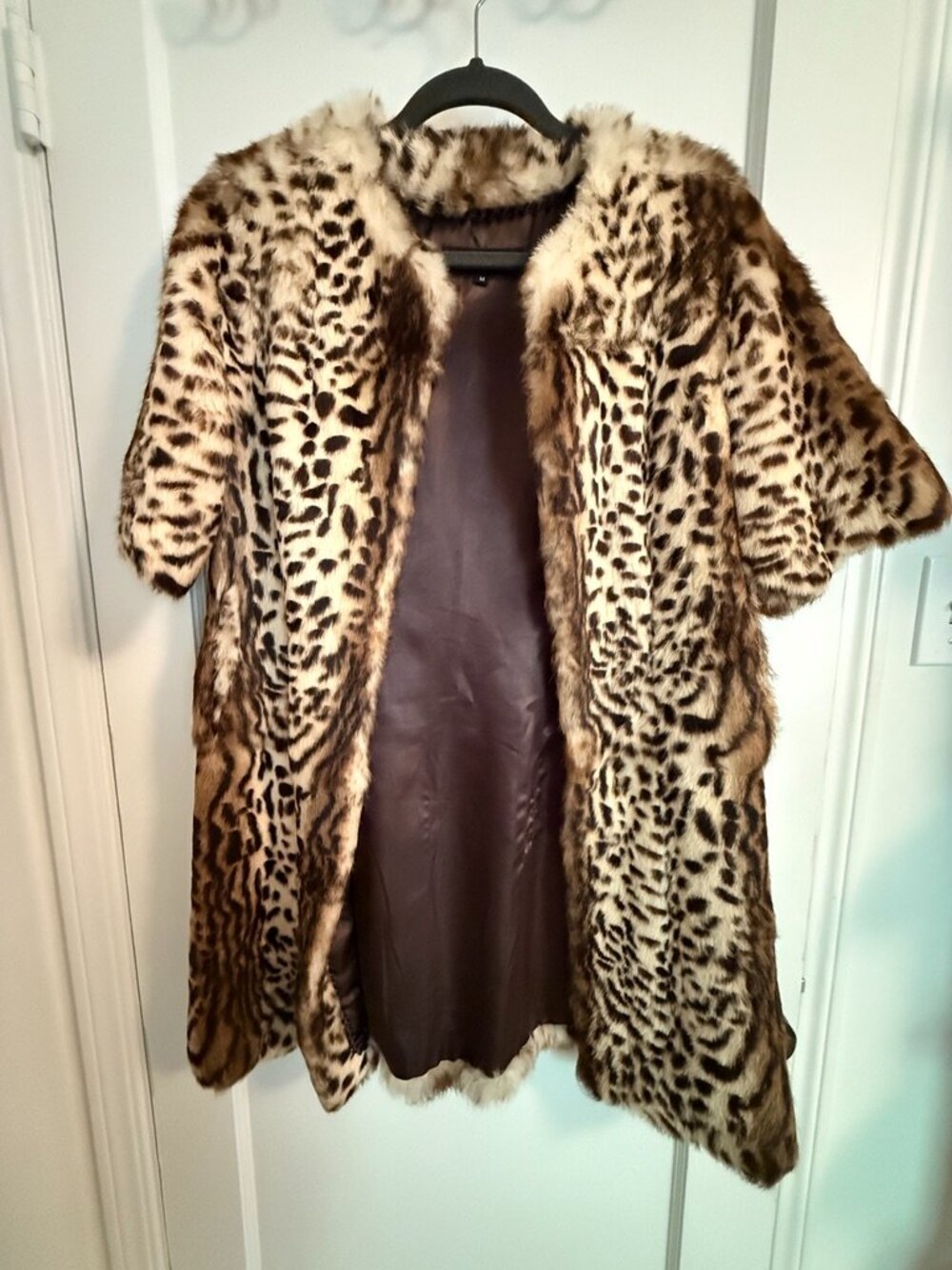 Short Sleeved Leopard Print Rabbit Fur Coat- Size Medium